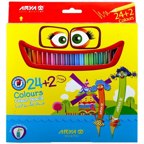 مداد رنگی 24+2 رنگ جعبه مقوایی آریا